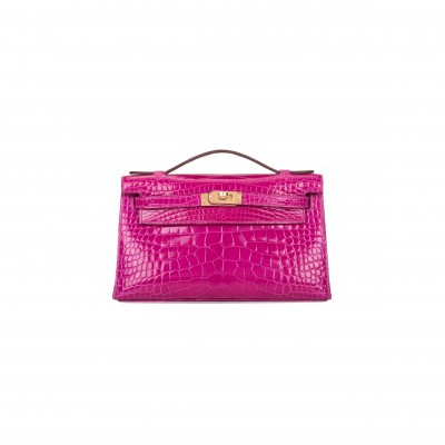 HERMÈS MASTER ROSE SCHEHERAZADE SHINY ALLIGATOR MINI KELLY POCHETTE GOLD HARDWARE (22*14*7cm) 